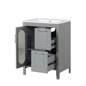English Elm 24" Bathroom Vanity with Sink Solid Wood & Ceramic Top, Modern Freestanding Cabinet with Drawers Grey N725P351849E
