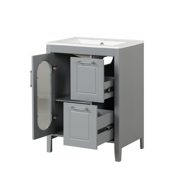 English Elm 24" Modern Bathroom Vanity with Ceramic Sink, Solid Wood & MDF Cabinet, Two Drawers, Shelf Grey N725P245273E