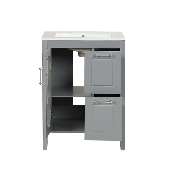 English Elm 24" Bathroom Vanity with Sink Solid Wood & Ceramic Top, Modern Freestanding Cabinet with Drawers Grey N725P351849E