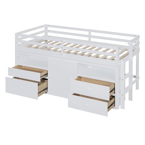 English Elm Twin Loft Bed with 4 Drawers Open Shelving and Cabinet for Kids Bedroom Storage White LT000762AAK