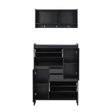 English Elm Multi-Functional Tipping Bucket Shoe Cabinet With Wall Cabinet, Space-Saving Design Foyer Cabinet With 2 Flip Drawers, Versatile Side Cabinet For Hallway, Black