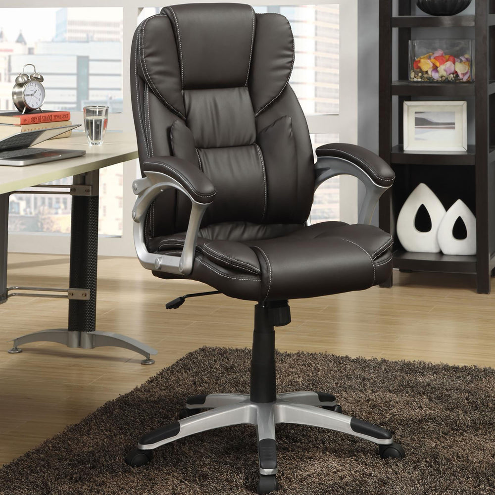 English Elm Dark Brown Plush Mesh & Leatherette Swivel Office Chair with Curved Armrests, Silver Accents, Adjustable Tilt and Height — Sleek Transitional Design for Home Office Comfort B062P153795