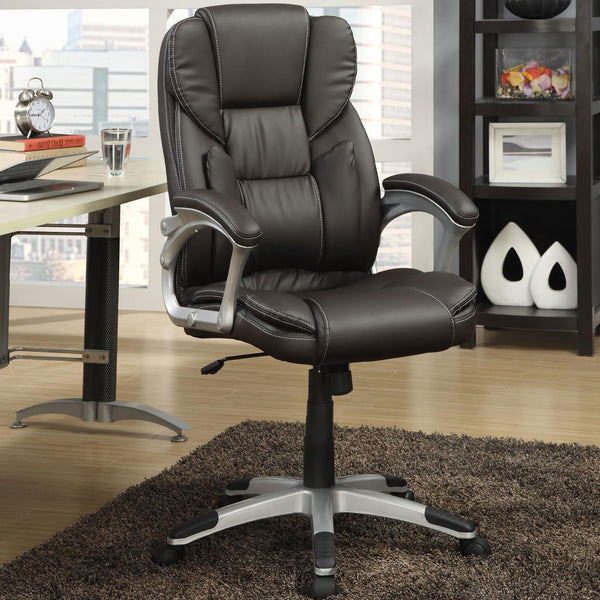 English Elm Dark Brown Plush Mesh & Leatherette Swivel Office Chair with Curved Armrests, Silver Accents, Adjustable Tilt and Height — Sleek Transitional Design for Home Office Comfort B062P153795