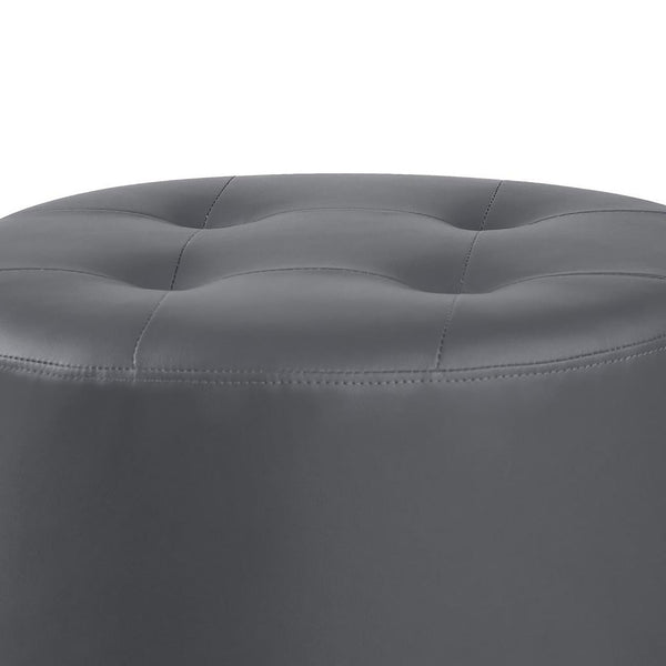 English Elm Grey Tufted Round Ottoman with Bonded Leather, High-Resiliency Foam Cushion and Chrome Base, Modern Accent Seat B062P153812