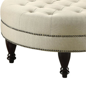 English Elm Oatmeal Round Tufted Cocktail Ottoman with Nailhead Trim and Turned Dark Wood Legs for Luxury Seating B062P153810