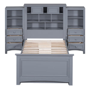 English Elm Twin Pine Wood Platform Bed with Integrated Cabinet and Spacious Drawer Storage System Gray LP000761AAE-1