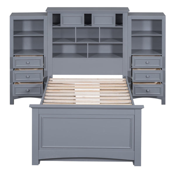 English Elm Twin Pine Wood Platform Bed with Integrated Cabinet and Spacious Drawer Storage System Gray LP000761AAE-1