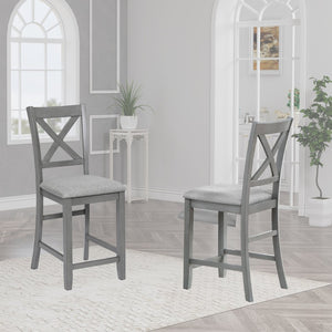 English Elm Dining Counter Height Chair Set of 4 Solid Wood Linen Seat Mid-century Kitchen W1998126382