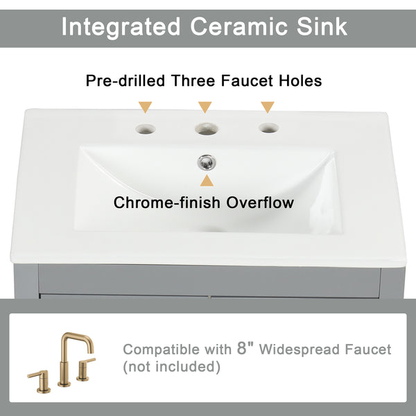English Elm 24" Bathroom Vanity with Sink Solid Wood & Ceramic Top, Modern Freestanding Cabinet with Drawers Grey N725P351849E