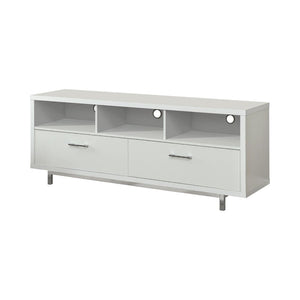 English Elm White Modern 60" TV Console with 2 Drawers & 3 Open Cubby Shelves, Chrome Legs, Sleek Storage Elegance B062P153846