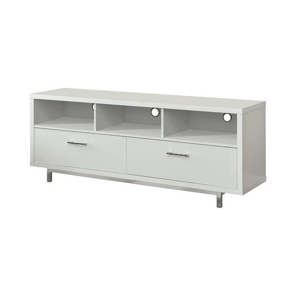 English Elm White Modern 60" TV Console with 2 Drawers & 3 Open Cubby Shelves, Chrome Legs, Sleek Storage Elegance B062P153846