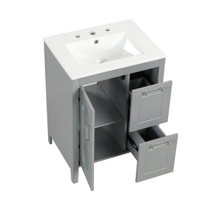 English Elm 24" Bathroom Vanity with Sink Solid Wood & Ceramic Top, Modern Freestanding Cabinet with Drawers Grey N725P351849E