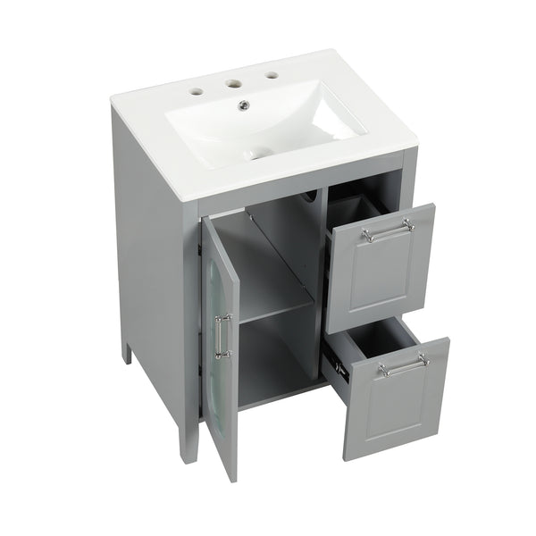 English Elm 24" Modern Bathroom Vanity with Ceramic Sink, Solid Wood & MDF Cabinet, Two Drawers, Shelf Grey N725P245273E