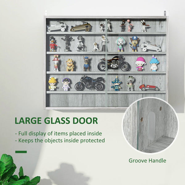English Elm 5-Tier Display Cabinet with Glass Doors and Adjustable Shelves Wall-Mounted Collectible Case for Home Decor Gray W2225P155587