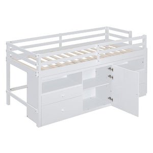 English Elm Twin Loft Bed with 4 Drawers Open Shelving and Cabinet for Kids Bedroom Storage White LT000762AAK