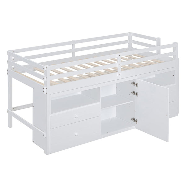 English Elm Twin Loft Bed with 4 Drawers Open Shelving and Cabinet for Kids Bedroom Storage White LT000762AAK