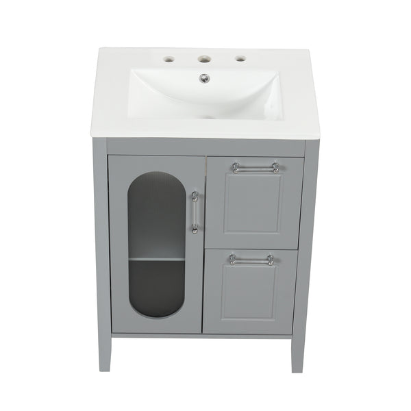 English Elm 24" Bathroom Vanity with Sink Solid Wood & Ceramic Top, Modern Freestanding Cabinet with Drawers Grey N725P351849E