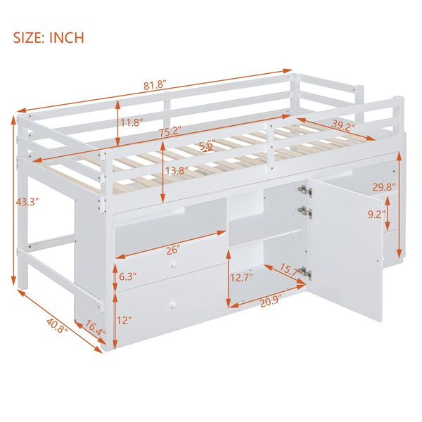 English Elm Twin Loft Bed with 4 Drawers Open Shelving and Cabinet for Kids Bedroom Storage White LT000762AAK