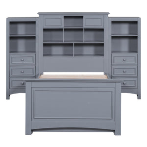 English Elm Twin Pine Wood Platform Bed with Integrated Cabinet and Spacious Drawer Storage System Gray LP000761AAE-1