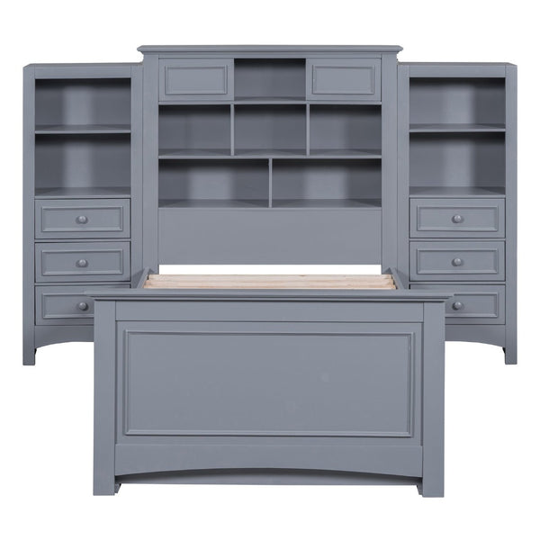 English Elm Twin Pine Wood Platform Bed with Integrated Cabinet and Spacious Drawer Storage System Gray LP000761AAE-1