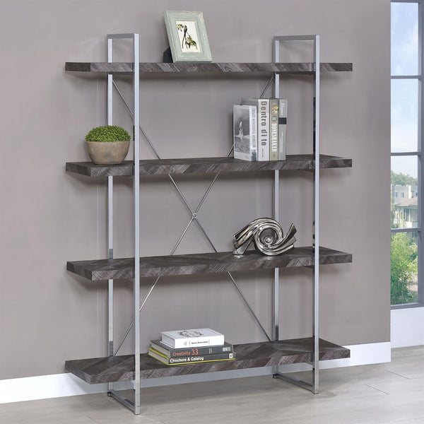 English Elm Rustic Grey Herringbone Bookcase with Industrial Metal Frame, 4 Full-Length Shelves, Stylish Storage B062P153825