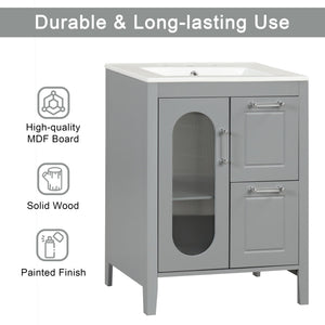 English Elm 24" Modern Bathroom Vanity with Ceramic Sink, Solid Wood & MDF Cabinet, Two Drawers, Shelf Grey N725P245273E