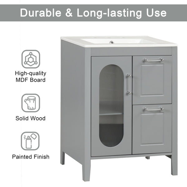 English Elm 24" Modern Bathroom Vanity with Ceramic Sink, Solid Wood & MDF Cabinet, Two Drawers, Shelf Grey N725P245273E