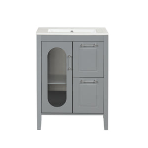 English Elm 24" Modern Bathroom Vanity with Ceramic Sink, Solid Wood & MDF Cabinet, Two Drawers, Shelf Grey N725P245273E