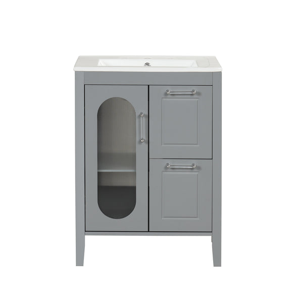 English Elm 24" Modern Bathroom Vanity with Ceramic Sink, Solid Wood & MDF Cabinet, Two Drawers, Shelf Grey N725P245273E