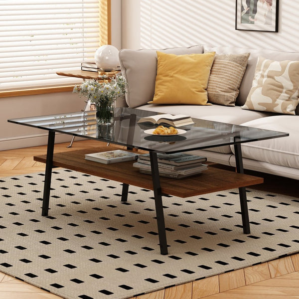 English Elm Rectangle Tempered Glass Coffee Table with Black Iron Legs and Mdf Shelf Modern W241126034