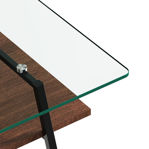 English Elm Rectangle Tempered Glass Coffee Table with Black Iron Legs and Mdf Shelf Modern W241126031