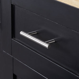 English Elm K&K Rolling Kitchen Island with Rubber Wood Top, 3 Drawers, Slide-Out Shelves & Locking Wheels for Organized Culinary Storage and Mobility Black WF316599AAB