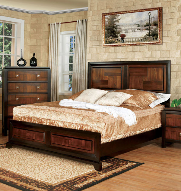 English Elm Transitional Acacia Parquet Queen Bed with Walnut Tone, Solid Wood Frame, Chrome Knob Accents B011S00716