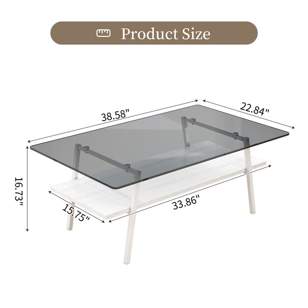 English Elm Coffee Table And End Tables Set Of 3 - Modern Gray Glass With Mdf Shelf, Stylish Living Room Furniture W241S00042