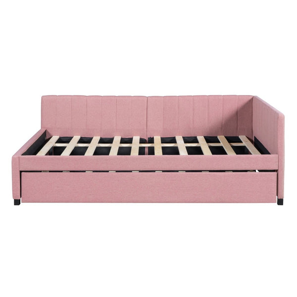 English Elm Full Size Linen Upholstered Daybed with Roll Out Trundle for Guest Rooms Pink LP000173AAH