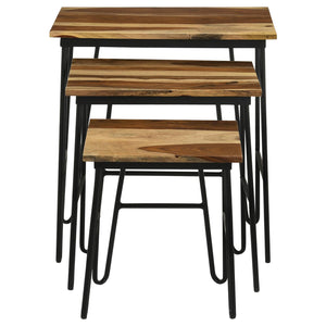 English Elm Natural 3-Piece Nesting Table Set With Hairpin Legs – Stylish Sheesham Wood & Black Metal Design B062P153893