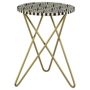 English Elm Black Black White and Gold Travertine Accent Table with Retro Gold Hairpin Metal Base, Chic 21.75"H B062P153896