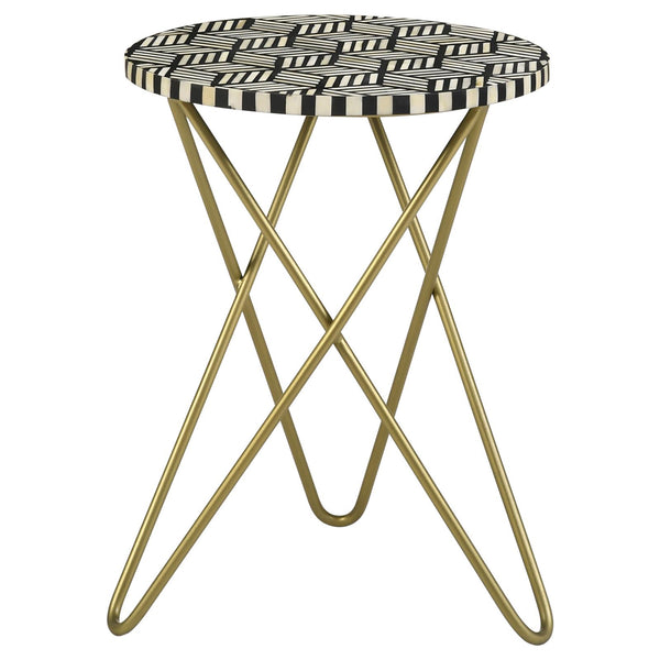 English Elm Black Black White and Gold Travertine Accent Table with Retro Gold Hairpin Metal Base, Chic 21.75"H B062P153896
