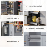 Hearth and Haven K&K Rolling Kitchen Island with Storage, Kitchen Cart with Rubber Wood Top, 3 Drawer, 2 Slide-Out Shelf and Internal Storage Rack, Kitchen Island On Wheels with Spice Rack & Tower Rack, Grey Blue WF316599AAG