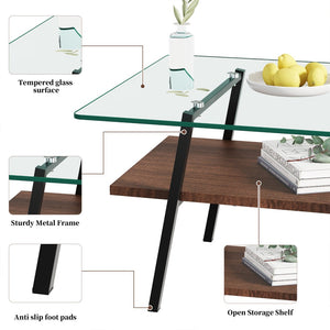 English Elm Rectangle Tempered Glass Coffee Table with Black Iron Legs and Mdf Shelf Modern W241126031