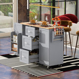 Hearth and Haven K&K Rolling Kitchen Island with Storage, Kitchen Cart with Rubber Wood Top, 3 Drawer, 2 Slide-Out Shelf and Internal Storage Rack, Kitchen Island On Wheels with Spice Rack & Tower Rack, Grey Blue WF316599AAG