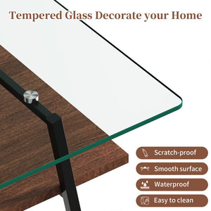 English Elm Rectangle Tempered Glass Coffee Table with Black Iron Legs and Mdf Shelf Modern W241126031