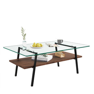 English Elm Rectangle Tempered Glass Coffee Table with Black Iron Legs and Mdf Shelf Modern W241126031