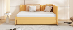 English Elm Full Size Linen Upholstered Daybed with Pull Out Trundle Sofa Frame for Bedroom Yellow LP000173AAL-1