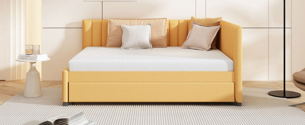 English Elm Full Size Linen Upholstered Daybed with Pull Out Trundle Sofa Frame for Bedroom Yellow LP000173AAL-1