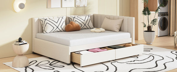 English Elm Full Size Linen Upholstered Daybed with Storage Drawers Sofa Bed for Guest Rooms Beige LP000172AAA-1