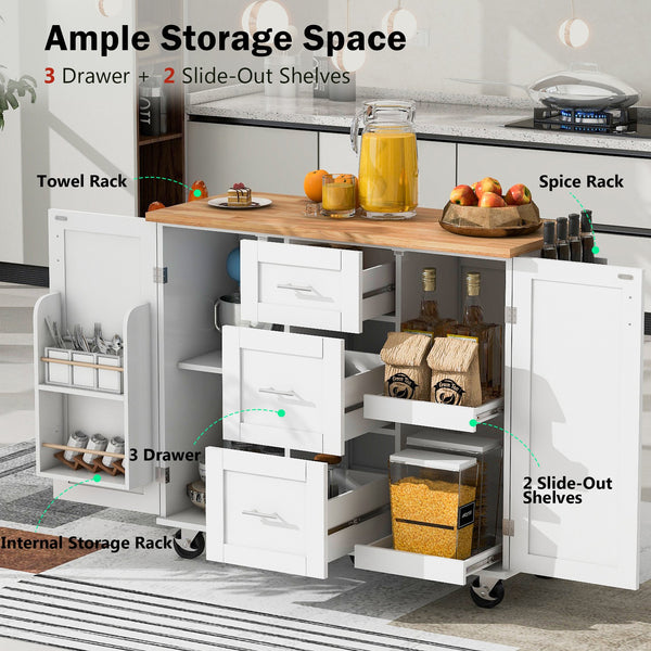 English Elm K&K Rolling Kitchen Island with Rubber Wood Top, 3 Drawers, Slide-Out Shelves & Locking Wheels for Organized Culinary Storage and Mobility White WF316599AAW