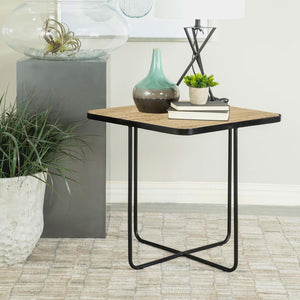 English Elm Travertine Square Accent Table with Matte Black Curved Metal Base — Modern Exotic Display Piece B062P153888