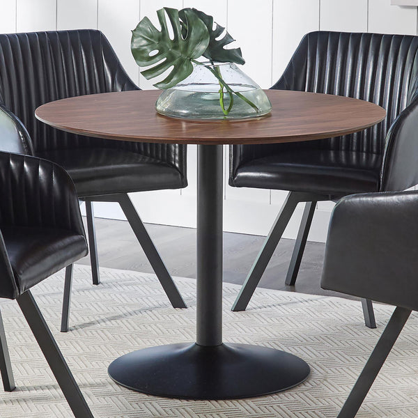 English Elm Brown Shelburne Round Dining Table with Walnut Top and Gunmetal Pedestal—Cozy 4-Seat Bistro Charm, Space-Saving Design B062P153874