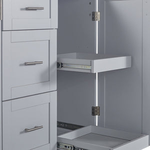 English Elm K&K Rolling Kitchen Island with Rubber Wood Top, 3 Drawers, Slide-Out Shelves & Locking Wheels for Organized Culinary Storage and Mobility Grey-Blue WF316599AAG